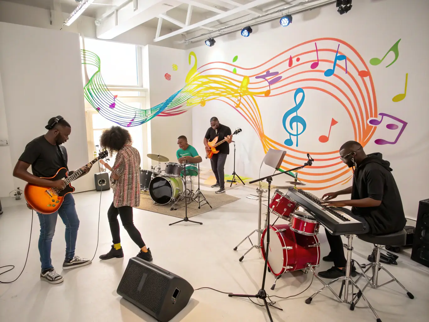 A dynamic image of musicians collaborating in a workshop, surrounded by instruments and sheet music, showcasing the collaborative spirit of MANAKIN MUSIC's programs.