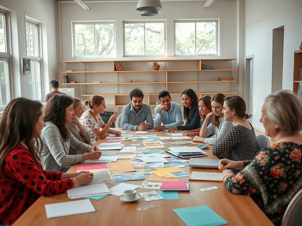 A vibrant image depicting participants actively engaged in a MANAKIN MUSIC artistic discovery workshop, showcasing collaboration and creative exploration.