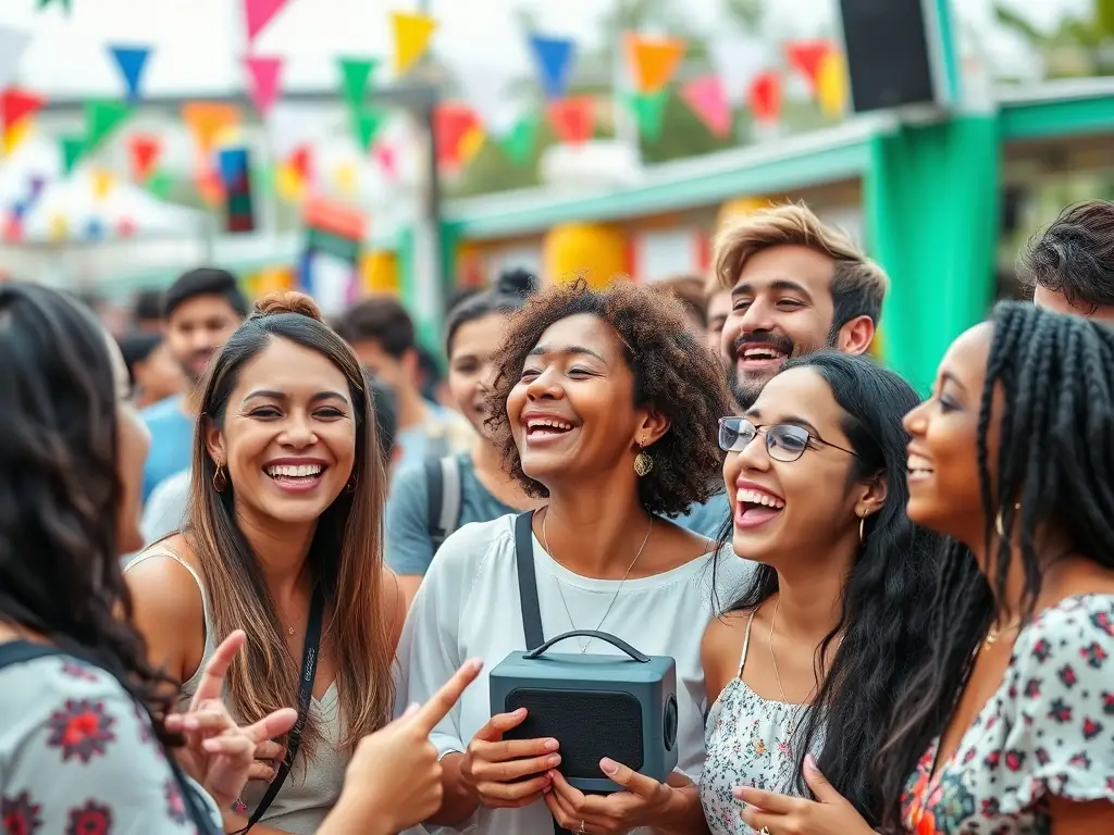 A group of diverse individuals participating in a community music event, showcasing MANAKIN MUSIC's commitment to social cohesion and cultural creation.