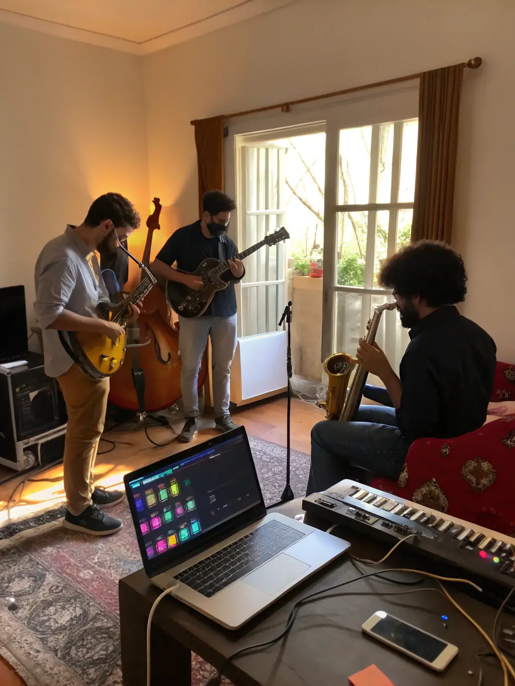 A diverse group of musicians participating in a collaborative songwriting workshop, showcasing the creative energy and teamwork fostered by MANAKIN MUSIC's programs.