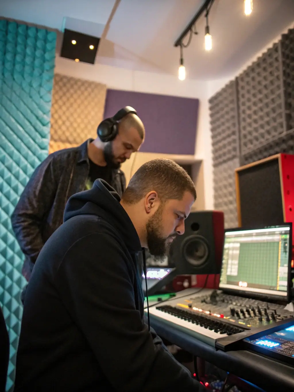 A recording studio session with artists utilizing MANAKIN MUSIC's resources, demonstrating the organization's dedication to facilitating professional music production.